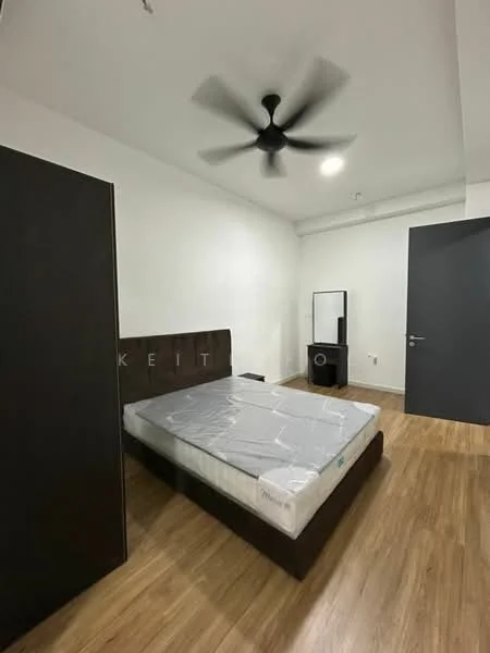 Bedroom features: queen-size bed, wooden bed frame, mattress with plastic cover, ceiling fan, wooden flooring, dark wood wardrobe, full-length mirror, white walls; style: modern.