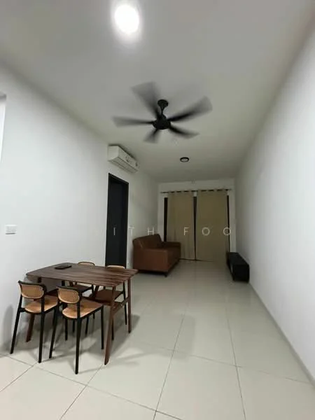 Living features: white painted walls, tile flooring, 5-blade ceiling fan, wall-mounted split AC, brown leather sofa, wooden dining table, 4 wooden dining chairs, black console table, recessed lighting; style: modern.