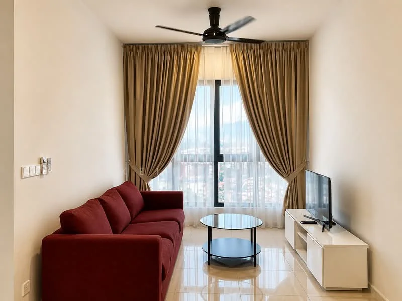 Living features: red fabric 3-seater sofa, glass coffee table, white TV console, wall-mounted TV, floor-to-ceiling windows, sheer curtains, heavy drapes, polished tile flooring, 5-blade ceiling fan with light; style: modern; view: city.