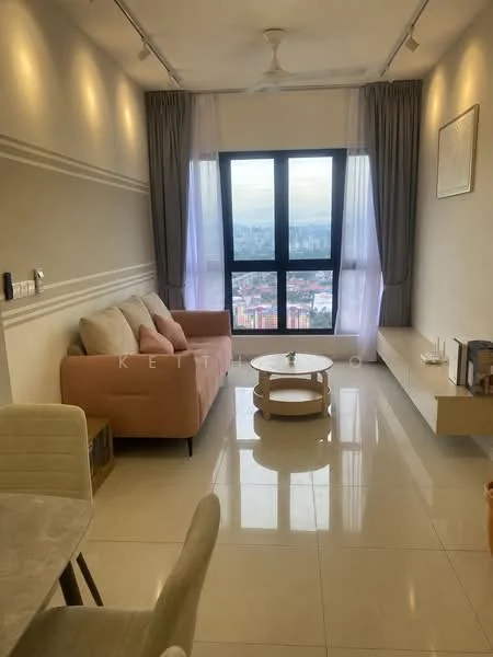 Living features: 3-seater fabric sofa in peach, round coffee table, wall-mounted TV console, floor-to-ceiling windows, sheer curtains, recessed downlights, glossy tile flooring, decorative wall paneling, ceiling fan; style: modern; view: city.