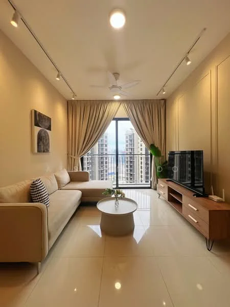 Living features: 3-seater fabric sofa in beige, coffee table, TV console, wall-mounted TV, floor-to-ceiling windows, curtains, ceiling fan, recessed downlights, decorative plant, neutral wall color, glossy tile flooring; style: modern; view: city.