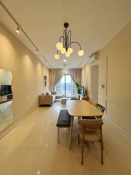 Living features: cream painted walls, glossy white tile flooring, chandelier with multiple bulbs, floor-to-ceiling windows, sheer curtains, sofa in light beige, wooden dining table, 4 dining chairs, TV console, wall-mounted TV, decorative mirror, area rug; style: modern; view: city.