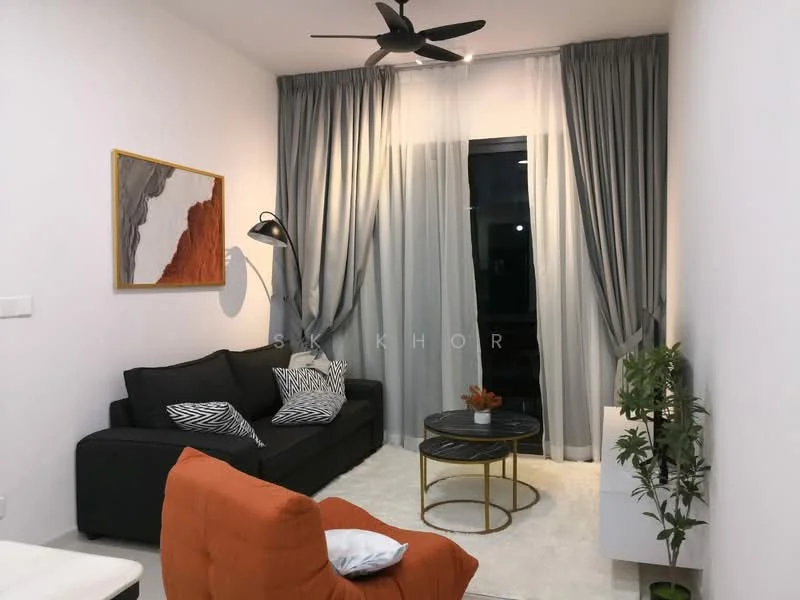 Living features: black fabric sofa, orange accent chair, round coffee table with gold frame, white area rug, floor lamp with black shade, curtains in grey, wall-mounted artwork with abstract design, indoor plant in pot; style: modern.