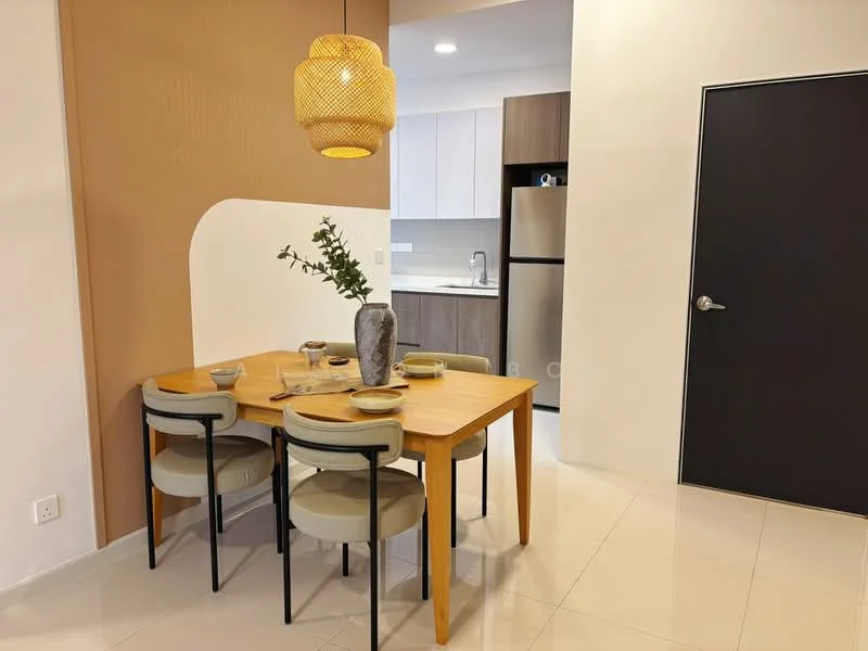 Dining features: wood dining table, 4 upholstered dining chairs, decorative vase on table, wall-mounted light fixture, white painted walls, cream accent wall, tile flooring, refrigerator visible in background, kitchen cabinetry visible in background; style: modern.