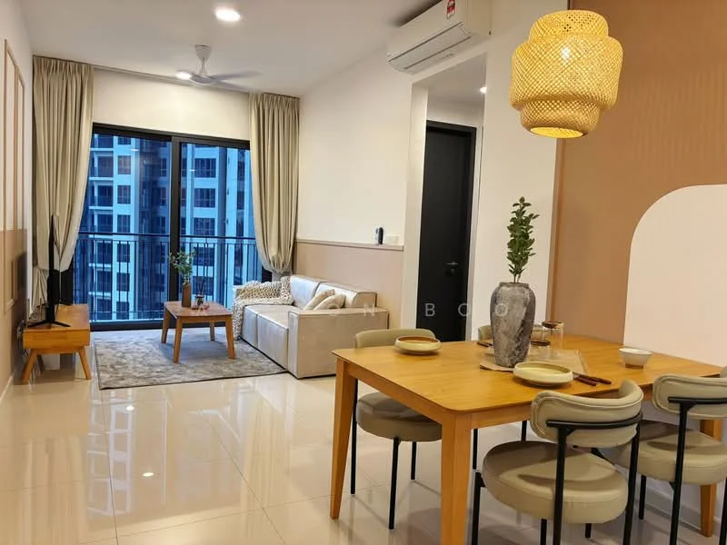 Living features: 3-seater fabric sofa in light grey, coffee table, TV console, wall-mounted TV, area rug with geometric pattern, 5-blade ceiling fan with light, floor-to-ceiling windows, curtains, decorative plant in vase, wall art, light-colored walls, tile flooring; style: modern; view: city. Dining features: 6-seater wooden dining table, upholstered dining chairs, decorative vase on table, tableware on table; style: modern.