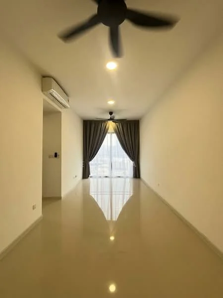Living features: white painted walls, polished concrete flooring, 5-blade ceiling fan, recessed downlights, floor-to-ceiling windows, sheer curtains, dark grey curtains, air conditioning unit; style: modern; view: city.