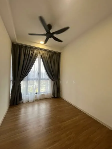 Bedroom features: wooden flooring, white painted walls, 5-blade ceiling fan, floor-to-ceiling windows, sheer curtains, blackout curtains; style: modern; view: city.