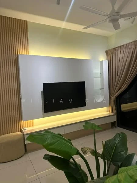Living features: wall-mounted TV, built-in TV console, LED strip lighting, cream painted walls, wood panel accent wall, ceiling fan, large window with sheer curtains, white tiled flooring, decorative indoor plants; style: modern.