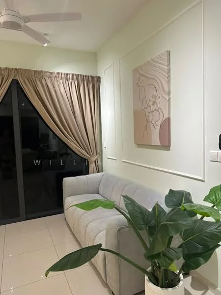 Living features: 3-seater fabric sofa in light grey, floor-to-ceiling windows, sheer curtains in beige, framed artwork on wall, green potted plant, white tiled flooring, wall-mounted light fixture, crown moulding, light green painted walls; style: modern.