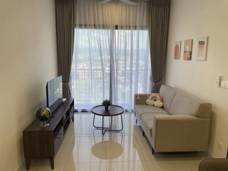 Living features: light grey fabric sofa, round coffee table, wooden TV console, wall-mounted TV, floor-to-ceiling windows, sheer curtains, decorative wall art, globe decor, ceramic plant pot, neutral painted walls, glossy tile flooring, city view; style: modern; view: city.