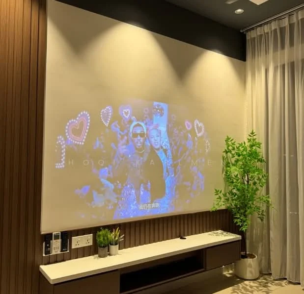 Living features: projector screen, wood paneling, light-colored wall, curtains, indoor plant, built-in TV console, recessed lighting, wall-mounted controls; style: modern.