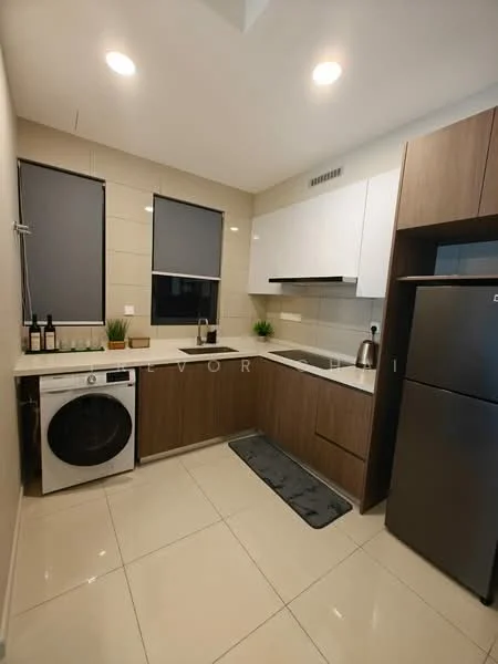 Kitchen features: white upper cabinets, brown lower cabinets, quartz countertop, single-bowl stainless-steel sink, chrome pull-down faucet, built-in oven, freestanding washing machine, stainless-steel fridge, ceramic tile flooring, recessed downlights, two windows with roller blinds, kitchen mat; style: modern.