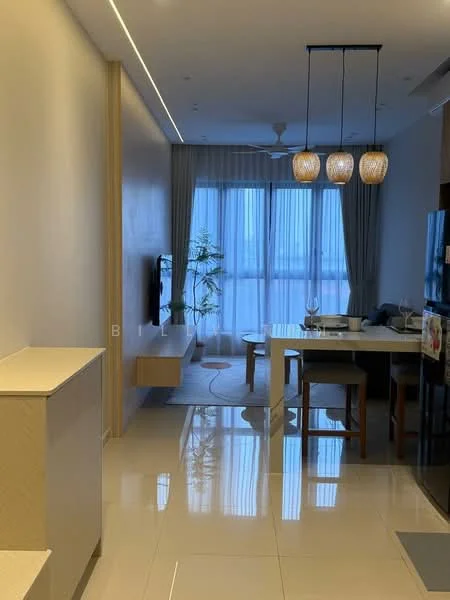 Dining features: white painted walls, glossy tile flooring, 5-blade ceiling fan with light, pendant lighting with glass shades, dining table with 4 wooden stools, wall-mounted TV, large window with sheer curtains, indoor plant in ceramic pot; style: modern; view: city. Room features: white painted walls, glossy tile flooring.