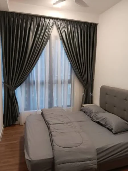 Bedroom features: queen-size bed with grey bedding, upholstered headboard in grey, floor-to-ceiling windows, sheer curtains, dark grey blackout curtains, wooden flooring, ceiling fan, decorative wall, nightstand, bedside lamp; style: modern; view: city.