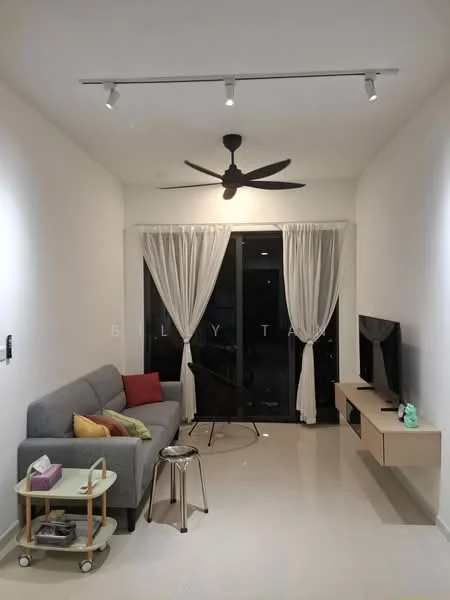 Living features: grey fabric sofa, colorful throw pillows, coffee table with wheels, metal stool, wall-mounted TV, light wood TV console, floor-to-ceiling windows, sheer white curtains, recessed LED downlights, ceiling fan with 5 blades, polished tile flooring, white painted walls; style: modern.