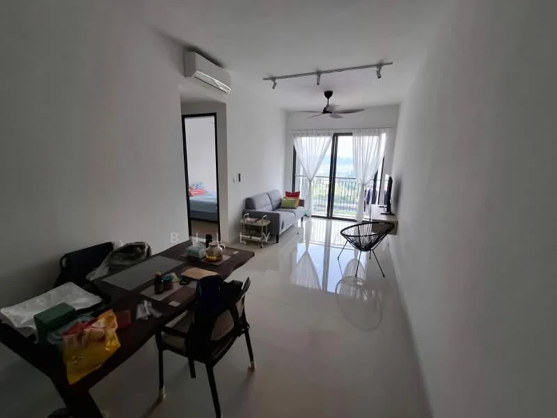 Living features: white painted walls, glossy tile flooring, 5-blade ceiling fan with light, floor-to-ceiling sliding glass door, sheer curtains, sofa in grey, coffee table, wall-mounted TV, decorative wall art, dining table with chairs; style: modern; view: city. Room features: mirror, air conditioning unit.
