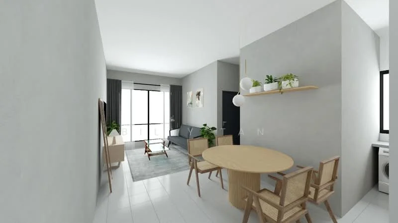 Living features: grey painted walls, white ceiling, light grey area rug, sofa in grey fabric, round wooden dining table, 4 wooden dining chairs, shelf with potted plants, floor-to-ceiling windows, curtains in dark grey, wall-mounted TV, decorative wall art, washing machine visible in corner; style: modern.