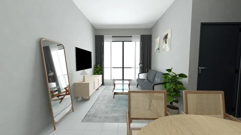 Living features: grey painted walls, white ceiling, floor-to-ceiling windows, sliding glass door, light grey area rug, 3-seater fabric sofa in grey, wooden coffee table, TV console with storage, wall-mounted TV, decorative houseplants, framed artwork on walls, full-length mirror, curtains, wooden dining table with rattan chairs; style: modern; view: city.