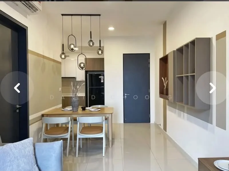 Dining features: 4-seater dining table, white dining chairs, pendant lighting with multiple bulbs, light wood table, cream painted walls, glossy tile flooring, built-in shelving unit on wall, black refrigerator, kitchen cabinetry, dark blue door; style: modern. Kitchen features: kitchen cabinetry, black refrigerator, stainless-steel sink, countertop, open layout to dining area; style: modern.