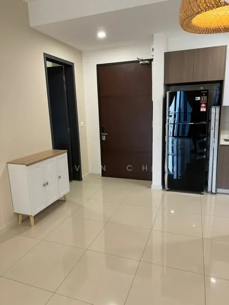 Room features: white painted walls, glossy beige floor tiles, dark wooden door, black refrigerator, white sideboard with wooden legs, light fixture with woven design, kitchen cabinetry, countertop; style: modern.