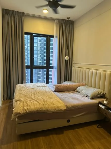 Bedroom features: king-size bed, upholstered headboard, 2 decorative pillows, wooden flooring, floor-to-ceiling windows, sheer curtains, dark grey curtains, ceiling fan, wall-mounted bedside lamp, nightstand with drawer; style: modern; view: city.