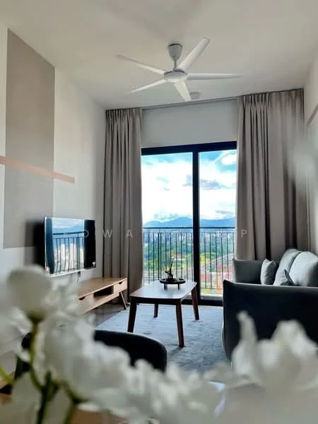Living features: 3-seater fabric sofa in grey, wooden coffee table, wall-mounted TV, floor-to-ceiling windows, sheer curtains, 5-blade ceiling fan, area rug, decorative plant in foreground, mountain view, balcony access; style: modern; view: mountain.