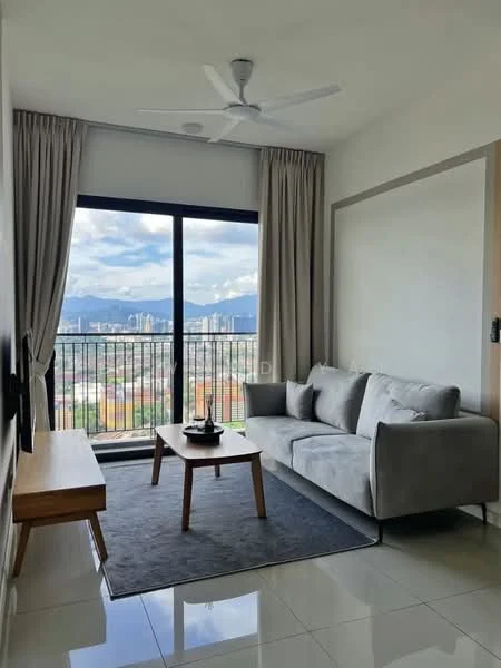 Living features: 3-seater fabric sofa in grey, wooden coffee table, area rug, floor-to-ceiling windows, curtains, wall-mounted TV, ceiling fan, white painted walls, glossy tile flooring; style: modern; view: city.