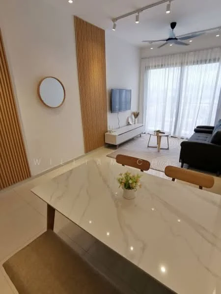 Living features: light grey walls, wood panel accent wall, floor-to-ceiling windows, sheer curtains, recessed downlights, ceiling fan, wall-mounted TV, light wood TV console, black fabric sofa, decorative round mirror, area rug, marble dining table, wooden dining chairs; style: modern; view: city.