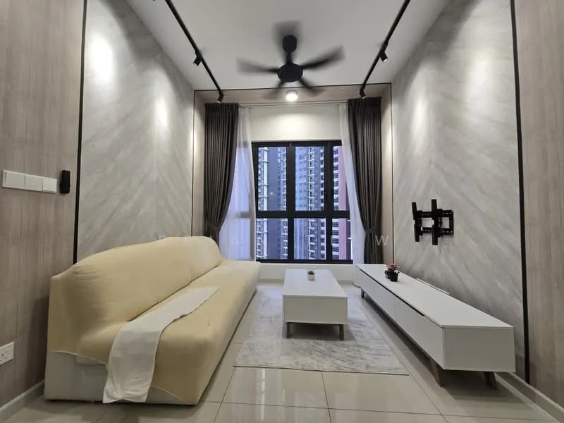 Living features: beige fabric sofa, white coffee table, TV console, wall-mounted TV bracket, grey accent wall, light grey marble flooring, 5-blade ceiling fan, floor-to-ceiling windows, sheer curtains, dark curtains, decorative plant on coffee table; style: modern; view: city.