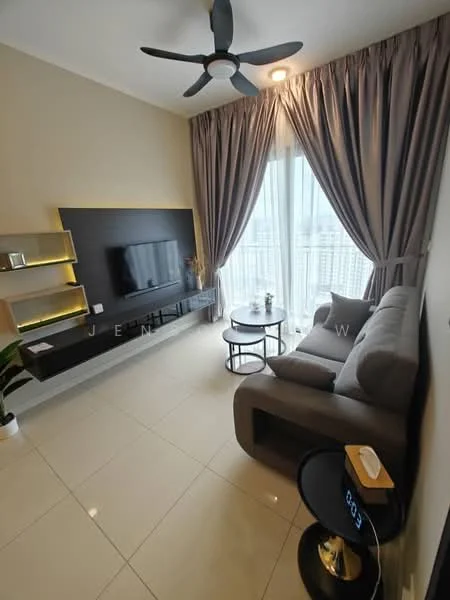 Living features: grey fabric sofa, round coffee table, wall-mounted TV, TV console, floor-to-ceiling windows, sheer curtains, recessed downlights, ceiling fan with light, decorative wall panel, ceramic tile flooring, decorative plant, side table with clock; style: modern; view: city.