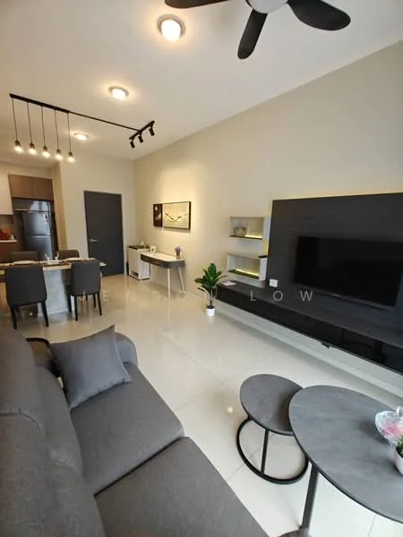 Living features: 3-seater fabric sofa in grey, coffee table with round top, TV console with wall-mounted TV, recessed downlights, ceiling fan with light, decorative wall shelf, framed artwork on wall, tile flooring in light color; style: modern. Kitchen features: kitchen island with seating, stainless-steel fridge, built-in cabinets, countertop with bar stools, open layout to living area; style: modern.
