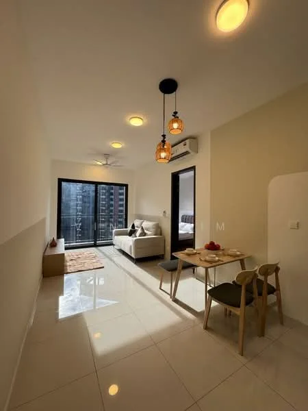 Living features: white painted walls, cream accent wall, glossy ceramic tile flooring, 5-blade ceiling fan with light, hanging pendant lights, sofa in light color, coffee table, dining table with chairs, floor-to-ceiling windows, curtains, air conditioning unit; style: modern; view: city.