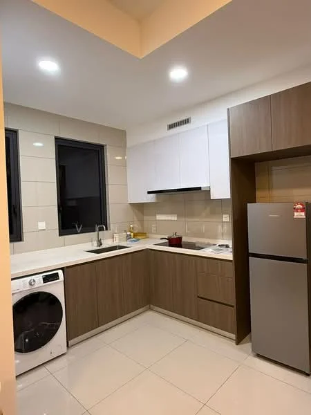 Kitchen features: L-shaped kitchen layout, white upper cabinets, brown lower cabinets, stainless-steel sink, chrome pull-down faucet, ceramic tile backsplash, built-in oven, freestanding range oven, stainless-steel fridge, front-load washing machine, white countertop, recessed LED downlights, tile flooring, floor-to-ceiling windows, window treatments; style: modern.