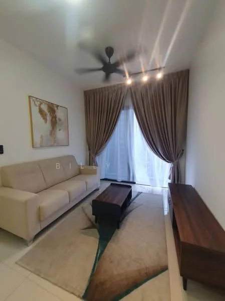 Living features: beige fabric sofa, wooden coffee table, TV console, area rug with geometric pattern, floor-to-ceiling windows, sheer curtains, drapes, ceiling fan with light, recessed downlights, white painted walls, tile flooring; style: modern.