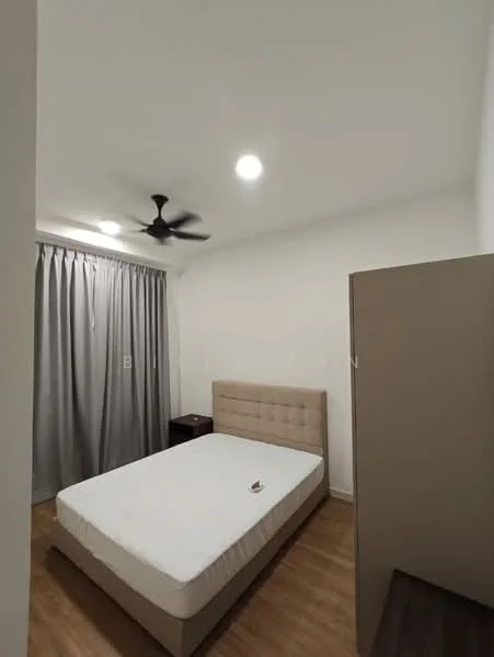 Bedroom features: queen-size bed, upholstered headboard, wooden bedside table, ceiling fan, recessed ceiling lights, grey curtains, laminate flooring, white painted walls; style: modern.