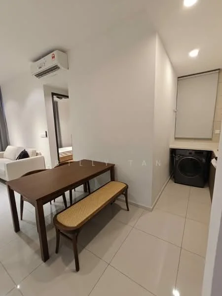 Dining features: dining table with wooden surface, bench seating, wall-mounted split AC, ceramic tile flooring, neutral painted walls, recessed downlights, laundry area with washing machine, window with natural light; style: modern.