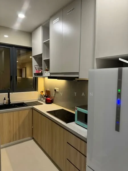 Kitchen features: white upper cabinets, wood lower cabinets, grey countertop, black induction cooktop, built-in oven, stainless-steel fridge, microwave, single-bowl stainless-steel sink, chrome pull-down faucet, tile backsplash, under-cabinet lighting, floor-to-ceiling windows, neutral tile flooring; style: modern.