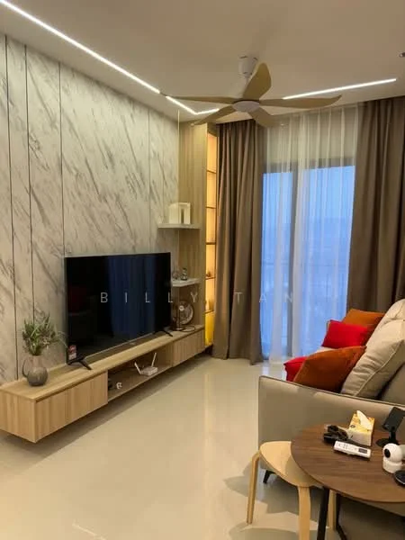 Living features: marble accent wall, light wood cabinetry, floor-to-ceiling windows, sheer curtains, 5-blade ceiling fan with light, flat-screen TV on media console, light-colored flooring, decorative plants, sofa with colorful cushions, round coffee table; style: modern; view: city.