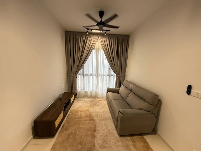 Living features: 3-seater fabric sofa in grey, wooden TV console, area rug with neutral color, floor-to-ceiling windows, sheer curtains, ceiling fan with light, light-colored walls, neutral-colored flooring; style: modern.