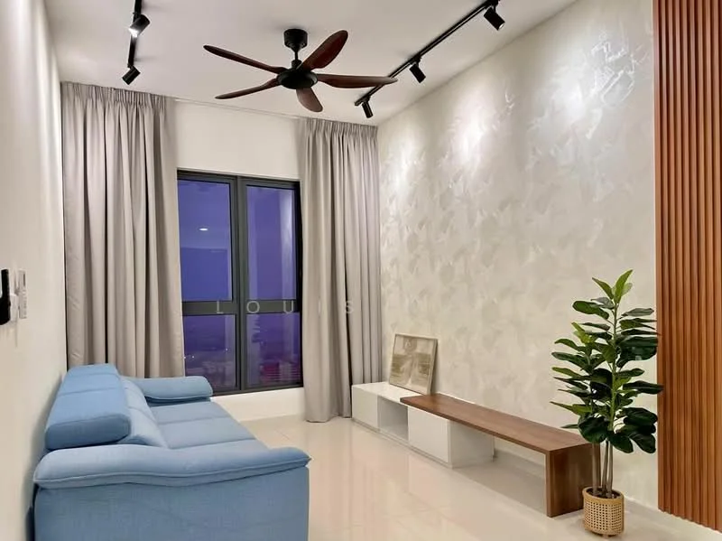 Living features: 3-seater fabric sofa in light blue, white painted walls with textured pattern, glossy tile flooring, floor-to-ceiling window, sheer curtains, wooden bench, decorative plant in ceramic pot, recessed LED downlights, 5-blade ceiling fan; style: modern; view: city.
