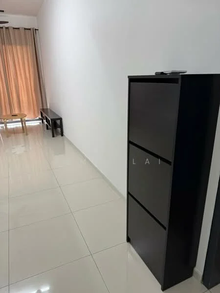 Room features: white painted walls, glossy ceramic tile flooring, ceiling fan, curtains in beige, black storage cabinet, black console table, open space layout; style: modern.