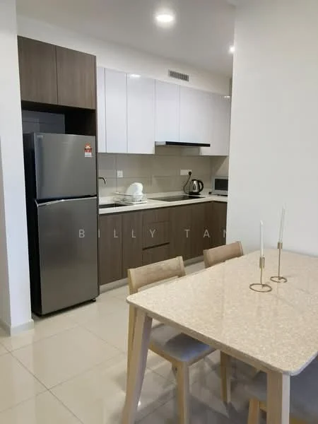 Kitchen features: stainless-steel fridge, built-in oven, freestanding microwave, white upper cabinets, brown lower cabinets, laminate countertop, ceramic tile backsplash, single-bowl stainless-steel sink, chrome pull-down faucet, 4-burner gas hob, kettle, toaster, dining table with beige top, 4 wooden dining chairs, recessed downlights; style: modern.