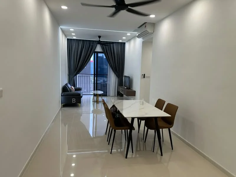 Living features: floor-to-ceiling windows, sliding glass door, grey curtains, 3-seater fabric sofa in dark grey, TV console, wall-mounted TV, coffee table, recessed downlights, white painted walls, polished tile flooring, 1 wall-mounted split AC, ceiling fan; style: modern; view: city. Dining features: 6-seater dining table with white marble top, brown upholstered dining chairs; style: modern.
