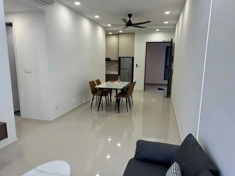 Living features: white painted walls, polished ceramic tile flooring, 5-blade ceiling fan with light, sofa in dark grey fabric, round dining table, 4 upholstered dining chairs in brown, stainless-steel fridge, built-in kitchen cabinetry, recessed LED downlights; style: modern.