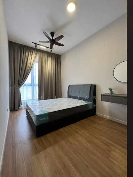 Bedroom features: queen-size bed, upholstered headboard, wooden flooring, 5-blade ceiling fan, floor-to-ceiling windows, sheer curtains, decorative mirror, wall-mounted bedside table, plant in ceramic pot; style: modern; view: city.