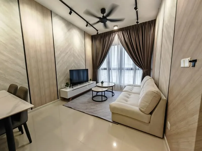 Living features: light-colored fabric sofa, round coffee table, TV console, wall-mounted TV, floor-to-ceiling windows, sheer curtains, dark wood accent wall, recessed downlights, 5-blade ceiling fan, area rug, decorative plants; style: modern; view: city.