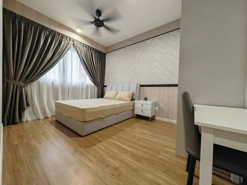 Bedroom features: queen-size bed, upholstered headboard, bedside table with drawer, desk with chair, floor-to-ceiling windows, sheer curtains, dark grey curtains, wooden flooring, ceiling fan with light, decorative wall paneling; style: modern.