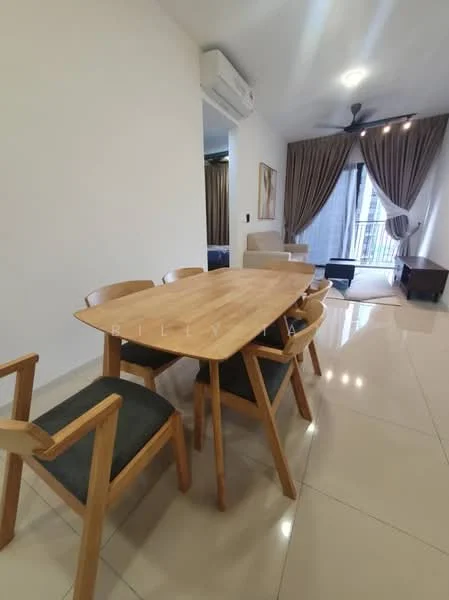 Dining features: wooden dining table, 4 wooden dining chairs with fabric seats, air conditioning unit on wall, 5-blade ceiling fan, large window with sheer curtains, polished ceramic tile flooring, neutral painted walls, decorative wall art, sofa visible in background, curtains in living area; style: modern.