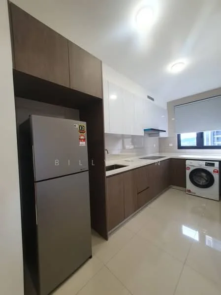 Kitchen features: white upper cabinets, brown lower cabinets, black countertop, single-bowl stainless-steel sink, chrome pull-down faucet, built-in oven, stainless-steel fridge, front-load washing machine, ceramic tile flooring, recessed downlights, window with roller blinds; style: modern.