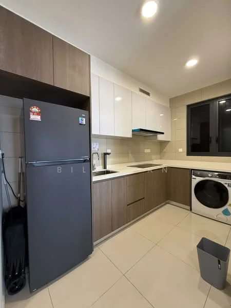 Kitchen features: grey refrigerator, built-in oven, stainless-steel sink, chrome pull-down faucet, white upper cabinets, brown lower cabinets, quartz countertop, ceramic tile backsplash, washing machine, floor-to-ceiling window, recessed downlights, tile flooring; style: modern.